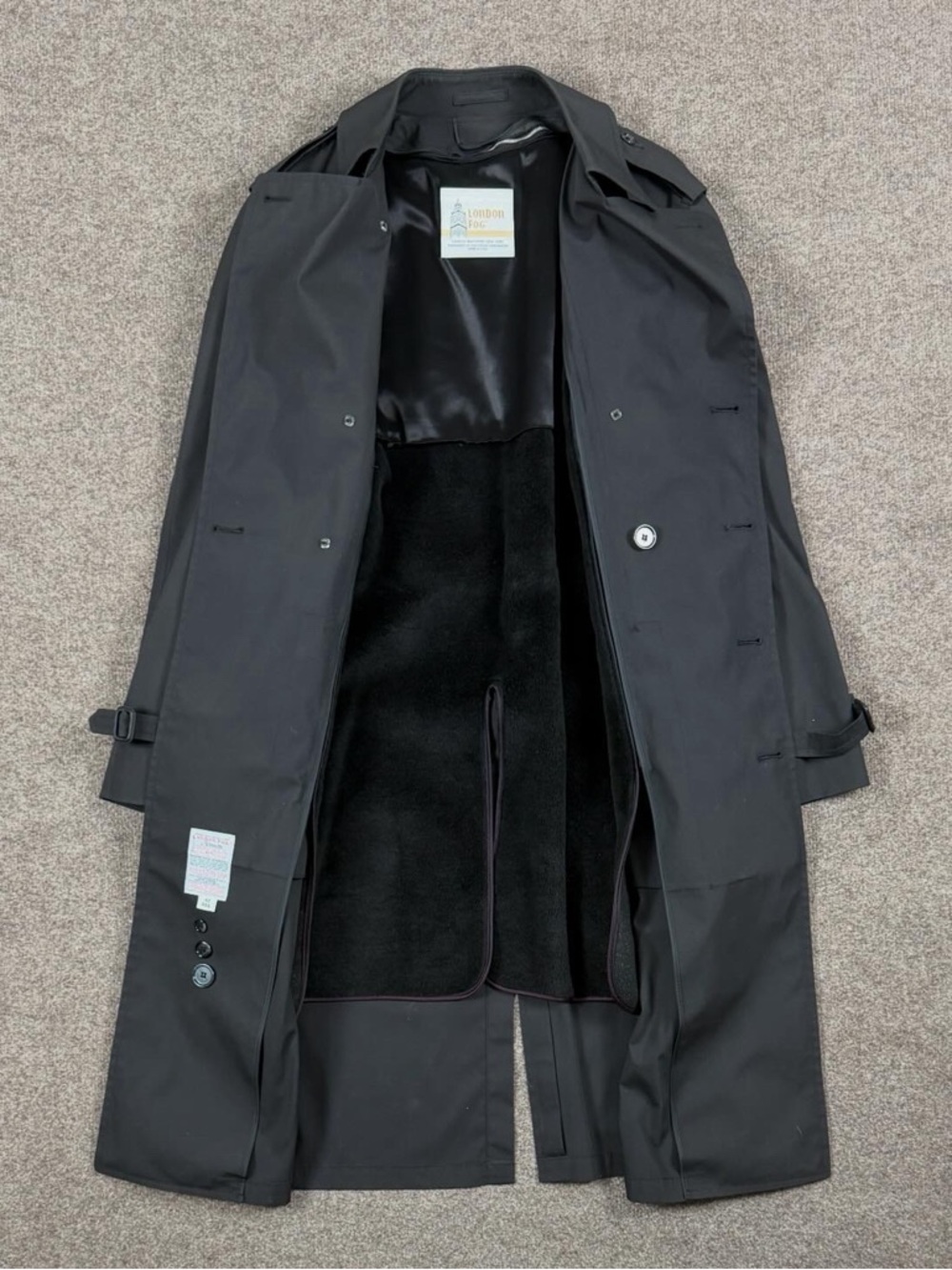 Vintage London Fog Black Long Double Breasted Belted Trench Coat Men’s 42 Large - Picture 3 of 10